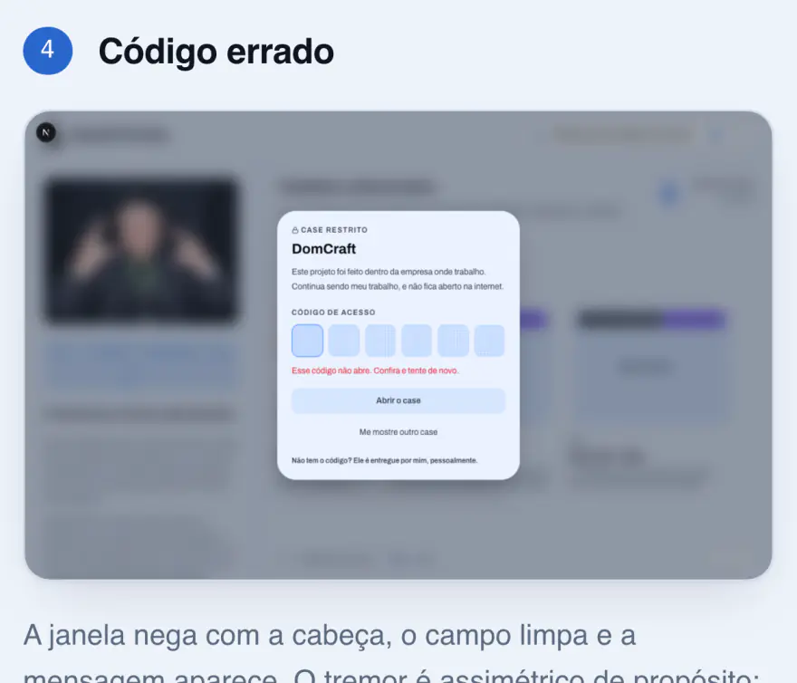 Fase 4, Código errado: o campo limpo e a mensagem de erro em vermelho logo abaixo das células.