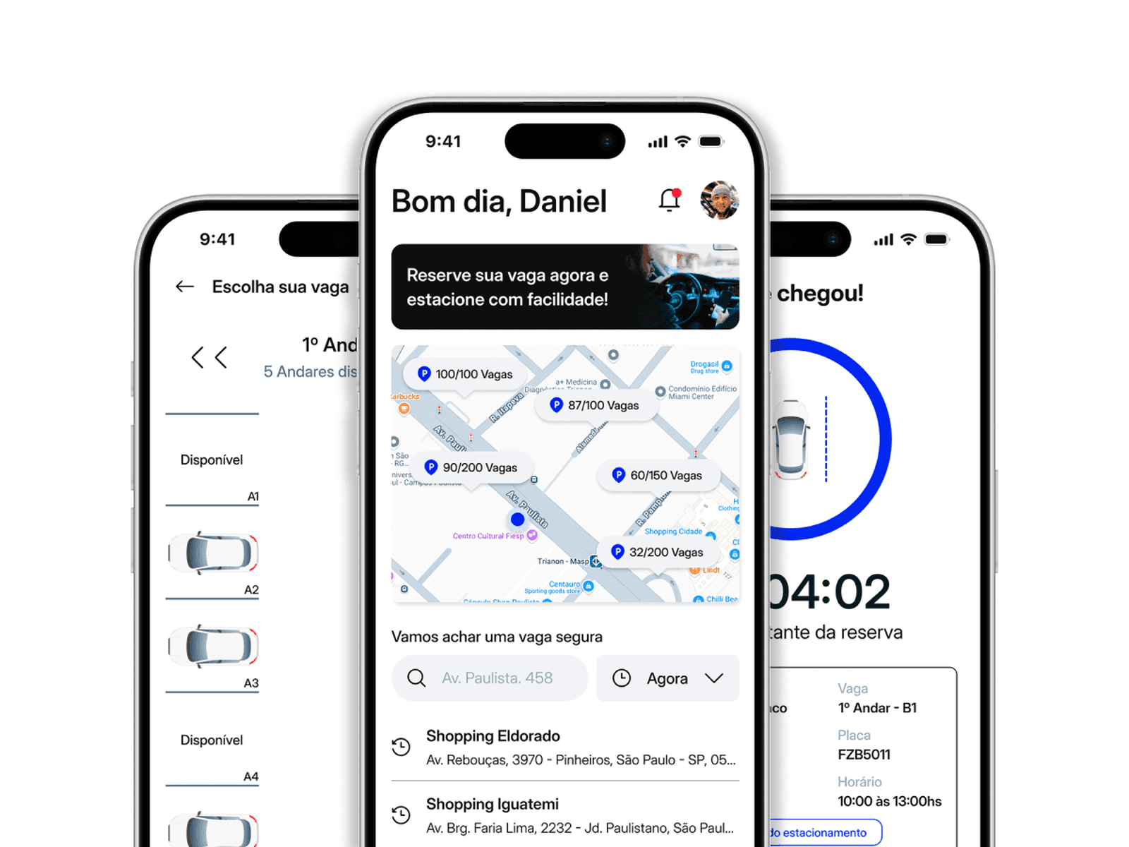 Três telas do StopCar sobrepostas: a escolha de vaga por andar, a home com o mapa dos estacionamentos próximos e as vagas livres de cada um, e o cronômetro de uma reserva em andamento.