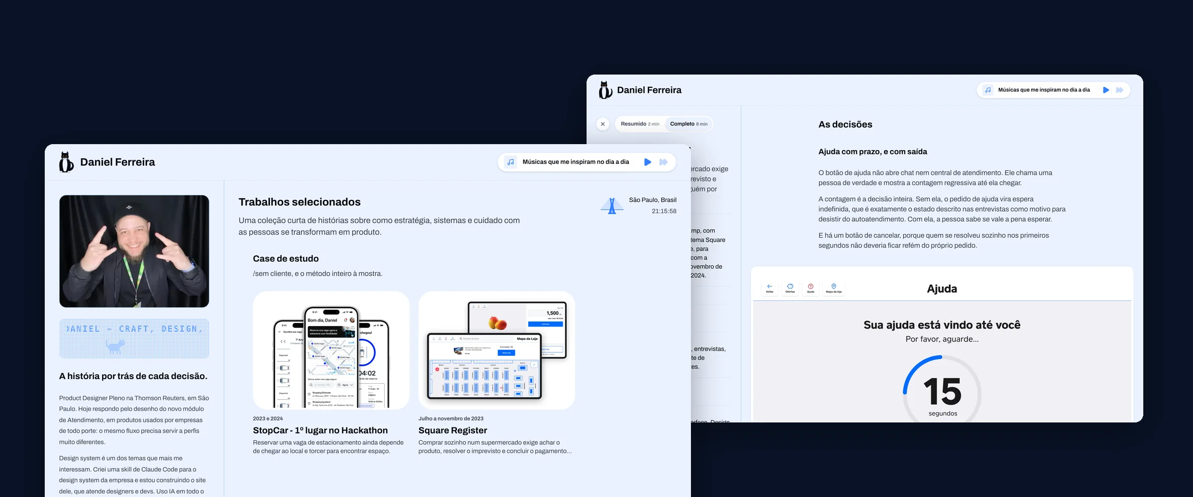 Duas telas deste site sobre fundo azul-escuro: a Home com o painel de identidade e a fileira de cases, e a página de um case completo aberta na seção de decisões.