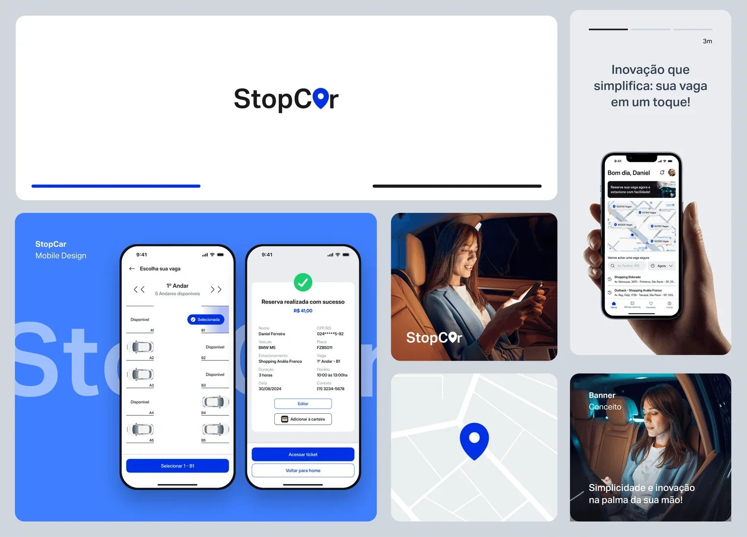 Peça de apresentação do StopCar reunindo a marca, as telas do aplicativo, o mapa e a frase "Inovação que simplifica: sua vaga em um toque".