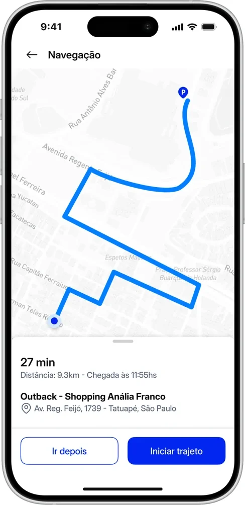 Tela de navegação do StopCar, com a rota traçada no mapa até o destino, a estimativa de 27 minutos e 9,3 quilômetros, o nome do estacionamento e os botões "Ir depois" e "Iniciar trajeto".