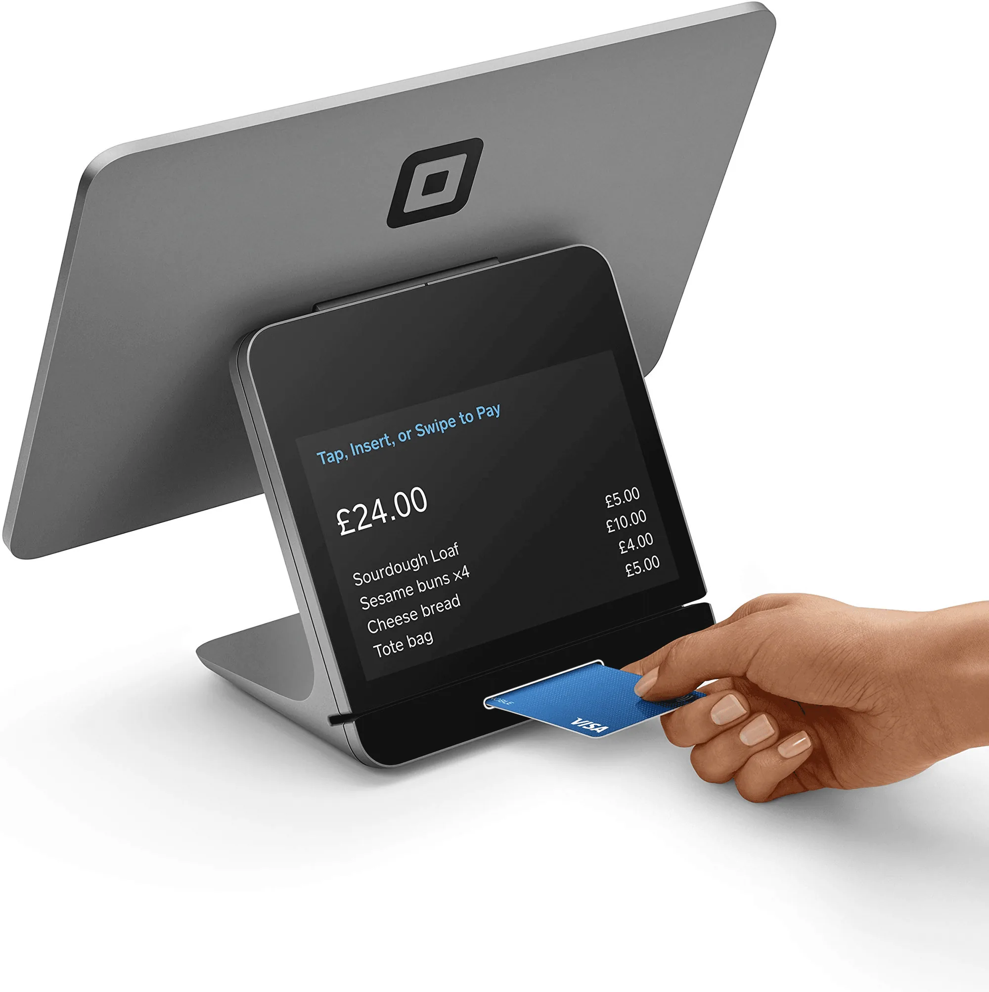 O Square Register físico: um terminal de ponto de venda com a tela voltada para o operador, a tela menor voltada para o cliente mostrando o valor da compra, e uma mão inserindo um cartão.