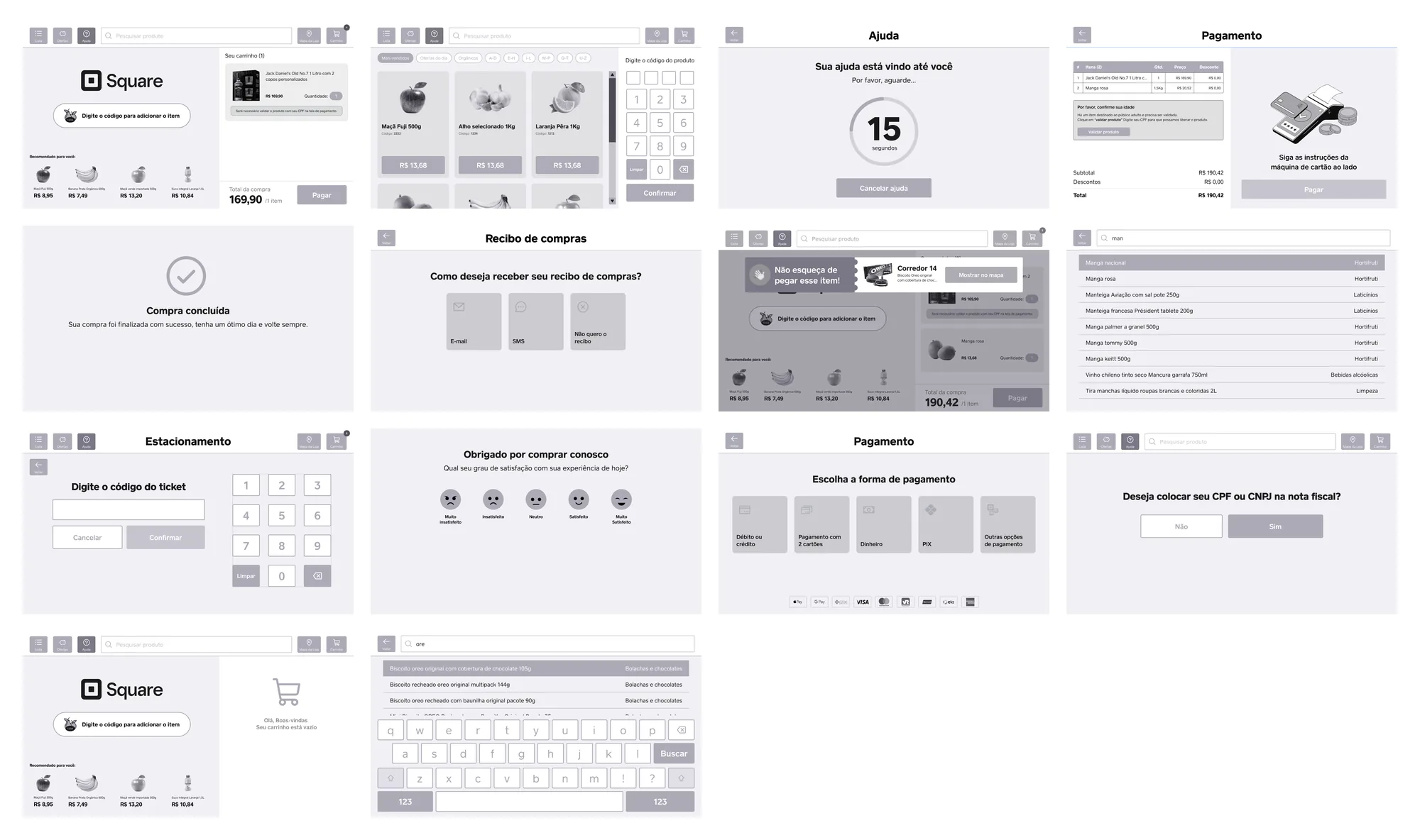 Grade de quatorze wireframes em média fidelidade do autoatendimento, cobrindo catálogo, carrinho, pesagem, pagamento e recibo.