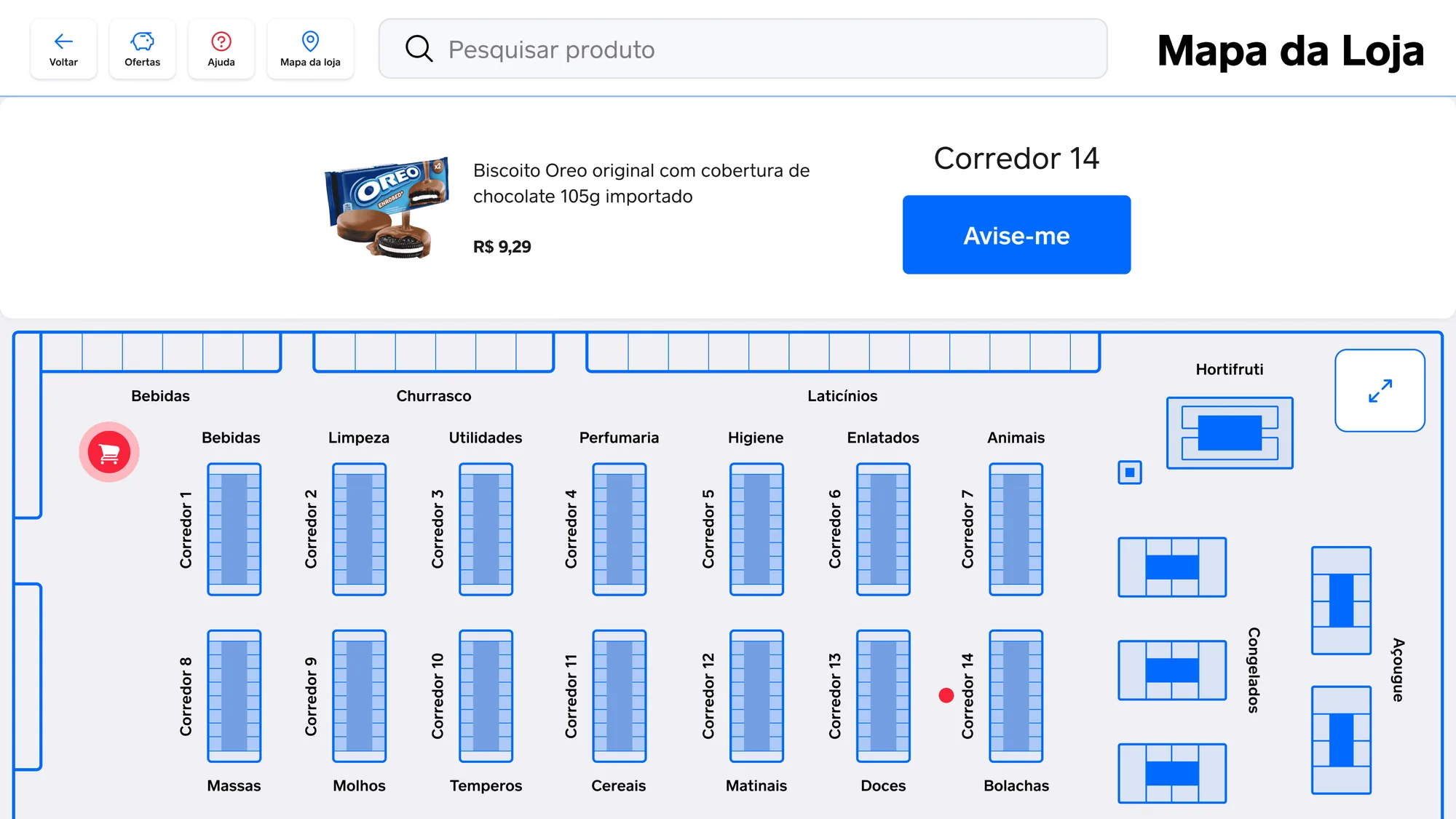 Tela do mapa da loja no Square Register: a busca no topo, o biscoito localizado no Corredor 14 com o botão "Avise-me", e a planta do supermercado com a posição do carrinho marcada em vermelho.