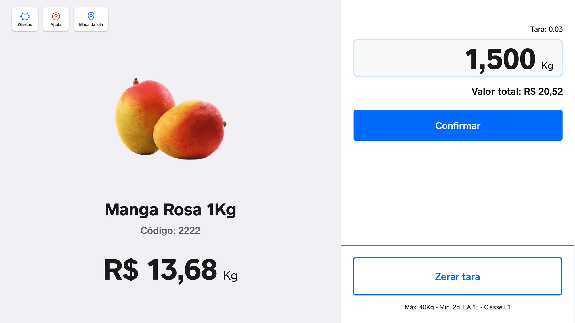 Tela de pesagem do Square Register: à esquerda a manga rosa com código e preço de 13,68 o quilo, à direita a balança marcando 1,500 kg, o valor total de 20,52 e o botão "Confirmar".