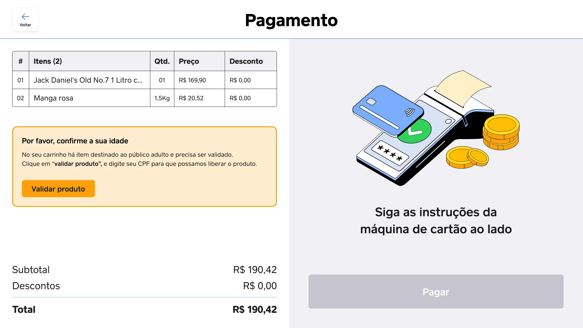 Tela de pagamento do Square Register: a lista de itens com quantidade, preço e desconto, e ao lado o aviso "Por favor, confirme a sua idade" com o botão "Validar produto".