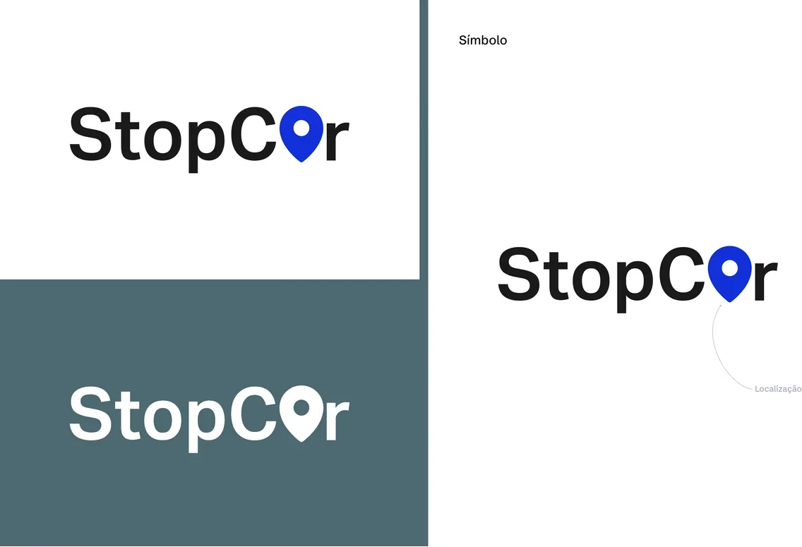 Identidade do StopCar: a marca em preto sobre branco e em branco sobre fundo escuro, e ao lado o símbolo destacado, um pin de localização azul no lugar da letra a, com a anotação "Localização".